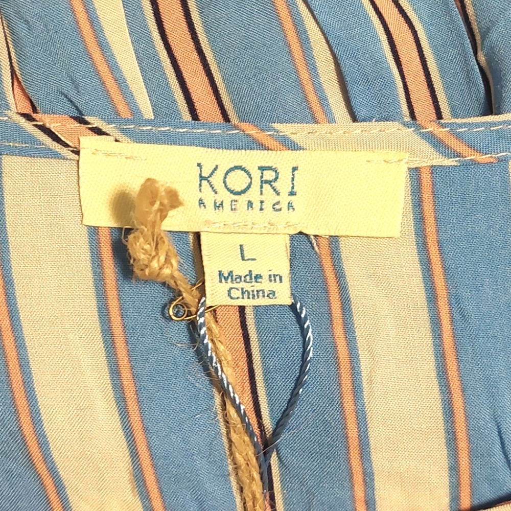 📣 Kori America Blue & Pink Striped Drawstring Waist Button-Down Top NWT Size L - Picture 10 of 12